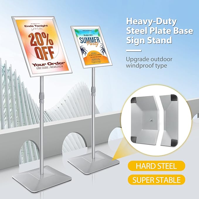 11"x17" Pedestal Poster Sign Holder Stand with Heavy Duty Solid Steel Base, Adjustable Sign Holder Standing Floor Sign Stand for Office/Store/School/Church/Public Sign Displayed Stands, Silver