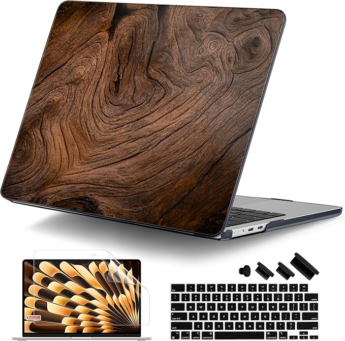 DONGKE Compatible with M4 MacBook Air 15 inch Case 2025 2024 2023 A3241 A3114 A2941 M3 M2 Liquid Retina Display Touch ID, Plastic Hard Case & Keyboard Skin & Screen Protector - Wood Grain