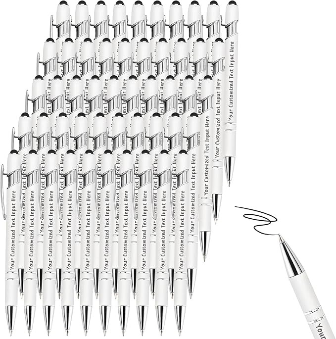 Personalized Ballpoint Pen 50 Custom Pens Free Engraved Bulk with Name Logo, Soft Black Ink Stylus with Touch Metal Office, Gift for Anniversaries, Graduations, Birthdays