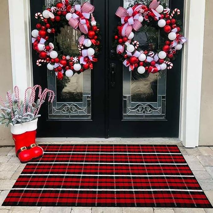 Buffalo Plaid Outdoor Rug, 3' x 5' Christmas Red & Black Check Indoor/Outdoor Area Rug, Layering Rug for Hello/Welcome Door Mat, Machine Washable Cotton Woven Farmhouse Mat for Front Porch Décor