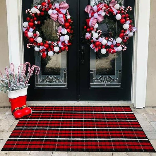 Buffalo Plaid Outdoor Rug, 3' x 5' Christmas Red & Black Check Indoor/Outdoor Area Rug, Layering Rug for Hello/Welcome Door Mat, Machine Washable Cotton Woven Farmhouse Mat for Front Porch Décor