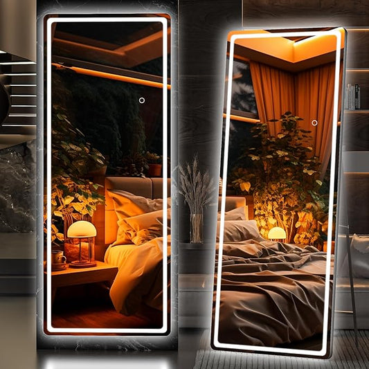 Hasipu Full Length Mirror with Lights, 61" x 22" LED Floor Mirror, Full Body Dressing Standing, Hanging Mounted Mirror for Living Room Bedroom Cloakroom, Round Black