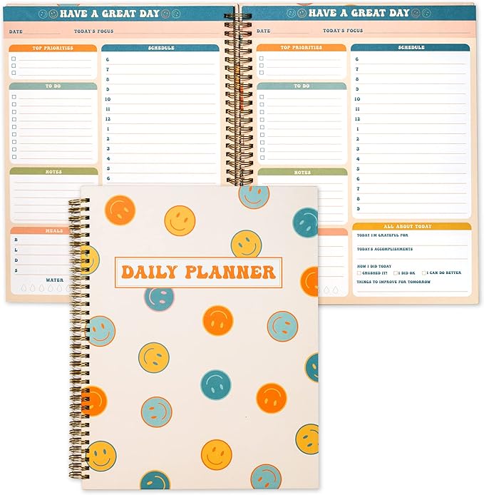 Undated Daily Planner Notebook 8.5x11, To Do List Notebook, Habit Tracker Journal, A4 Large Hardcover Spiral Schedule Notebook Planner, Retro Aesthetic Daily Planner Undated for Students Girls Teens