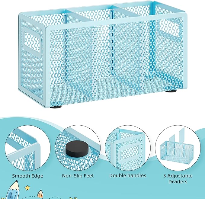 Marbrasse Mesh Pen Holder for Desk,Pencil Holder Desk Organizer 3 Adjustable Compartments,Pencil Cup with Handle Perfect for Classroom, Office, Home,Makeup,Art (Blue)