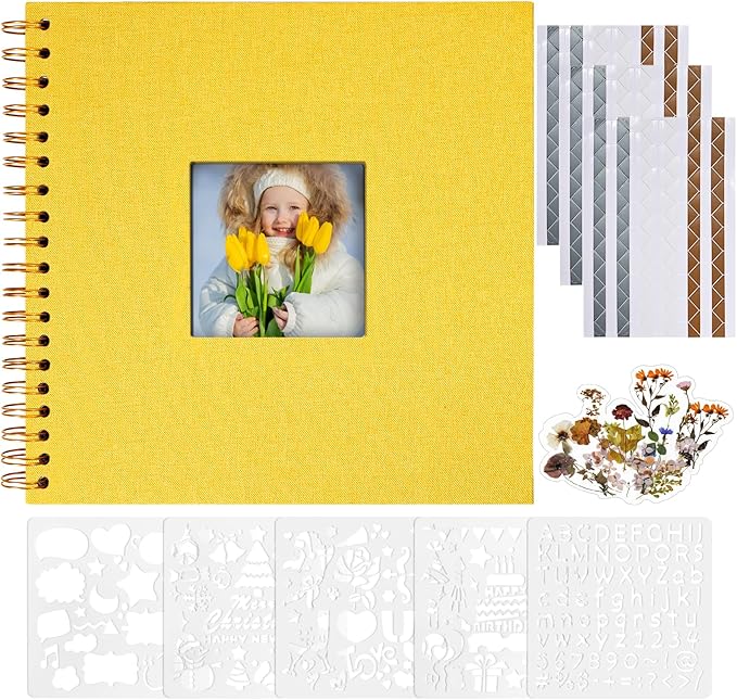 Vienrose 8x8 Inch Scrapbook DIY Small Hardcover Kraft White Pages Scrapbook Photo Album Linen Cover Scrap Book Photo Albums Scrapbooking Supplies Kit for Couple Family Wedding Travel Yellow