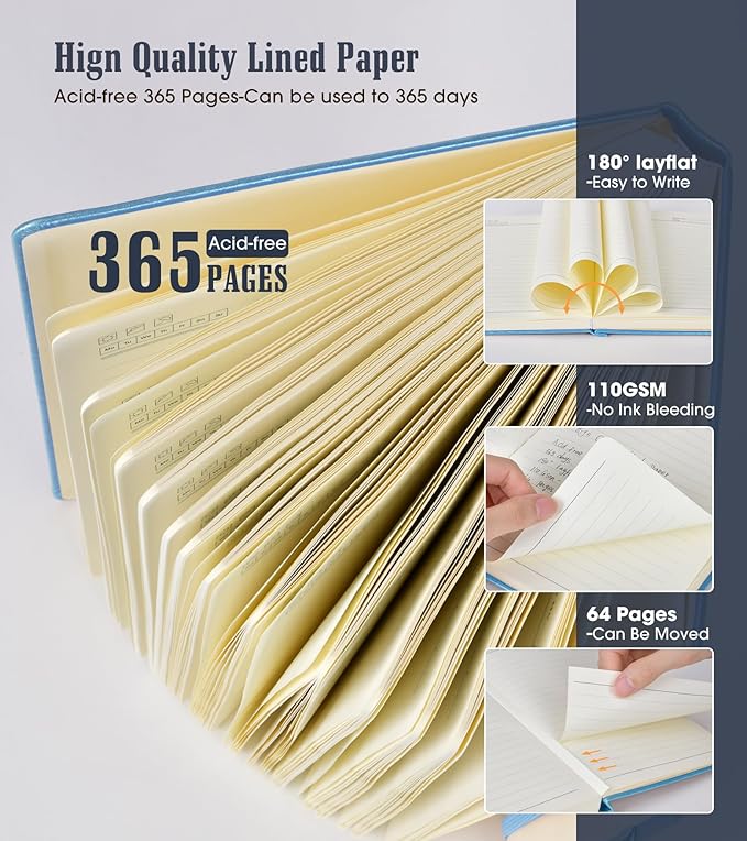 Lined Journal Notebook -365 Pages A5 Thick Journals for Writing College Ruled Notebook, Hardcover Leather Journal for Women Men, Daily Journal Notebook for Work, Note Taking, 100Gsm Lined Paper ( 5.75'' X 8.38'' Blue)