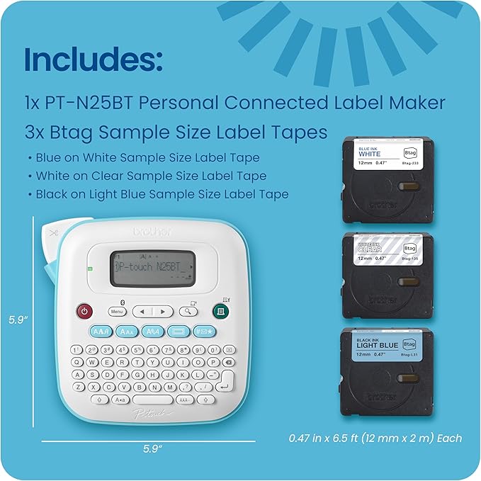 Brother P-Touch PT-N25BTV3 Personal Connected Label Maker, Bluetooth, Design&Print2 app, Portable, Handheld, 3 Sample Label Tapes Included, Prints with P-Touch Btag½â€ (12mm) Wide Tapes