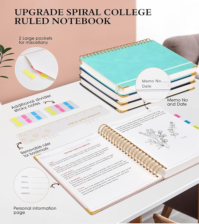 Spiral Notebook Journal 7.6” x 10”, 300 Pages Hardcover Leather Lined Journals for Women Men, B5 Large College Ruled Notebooks with 100 GSM Thick Paper, Spiral Journal for Writing Work School, Pink