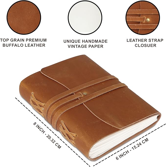 KomalC Tan Handmade Leather Journal | 8x6 Inch Vintage Writing Notebook Unlined Pages | Rustic Non-Refillable Sketchbook for Travel, Art, Notes, Gifts