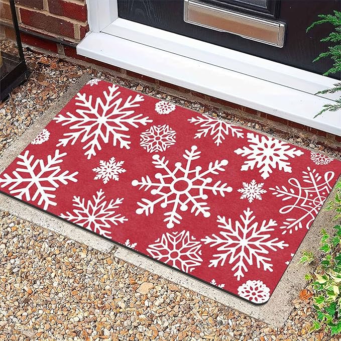 InterestPrint Christmas Red Door Mat Xmas Snowflakes Doormat Washable Floor Mats Outdoor Indoor Non-Skid Area Rug Entry Doormat for Bedroom Living Room Kitchen Nursery, 18" x 30"Inch