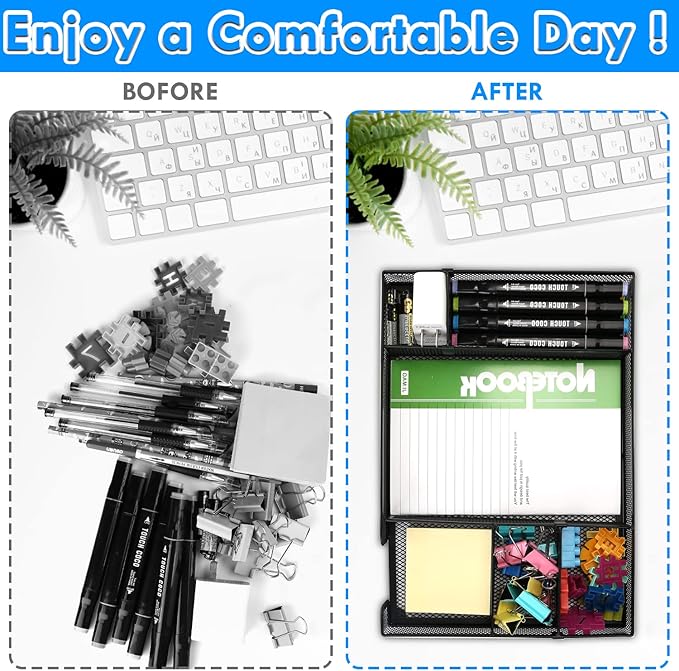 Desk Drawer Organizer Tray with Adjustable Compartments, 6 Grid Metal Mesh Drawer, Multi-use Desk Organizer Storage Box Set for Office,Home,School Supplies, 12.6X9X1.9 inch