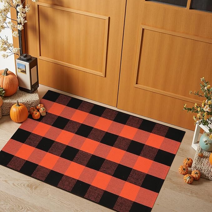 KIMODE Buffalo Plaid Fall Outdoor Rug 27.5"x43",Washable Halloween Door Mat,Reversible Front Porch Rug,Checkered Layering Rug for Entryway,Halloween Front Porch Decor,Orange and Black