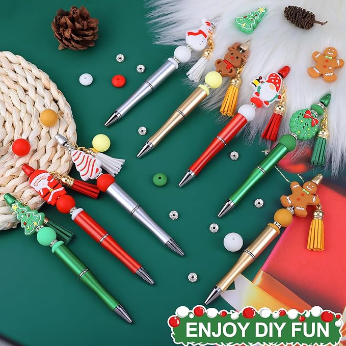 CZWZ 8 Pcs Christmas Beadable Pens, Plastic Beadable Pens with Multicolor Silicone Beads, Christmas Snowman Pine Tree Floral Hoop Deer Pens for Christmas Gifts Office School Supplies