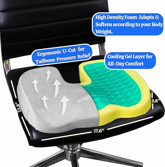LuminaRest® Gel Enhanced Seat Cushion for Long Sitting – CertiPUR-US® Certified Memory Foam – Premium Gel Tailbone Pain Relief Cushion, Adaptable for Office, Car, Airplane & Wheelchair – (Gray)