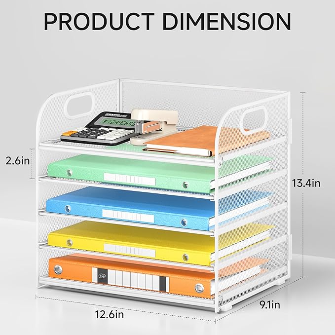 Lavatino 5 Tray Paper Organizer Letter Tray with Handle - Mesh Desk File Organizer, Paper Sorter Organizer for Office, Home or School File Folder Holder - White