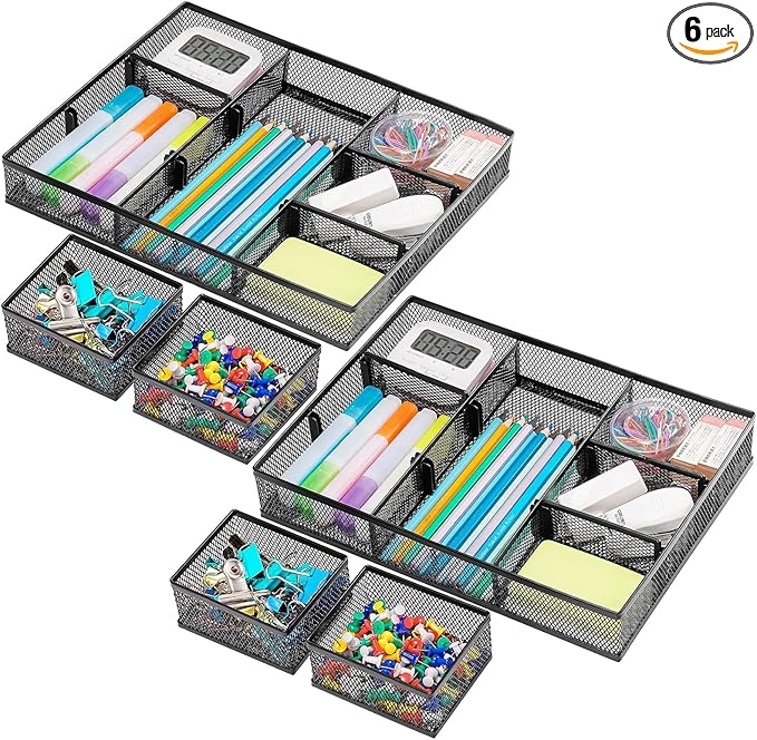 Marbrasse 3 Pack Desk Drawer Organizers with 9 Adjustable Compartments for Makeup, Office Supplies & Accessories (Black)