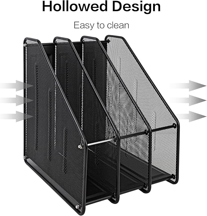 deli Mesh Magazine File Holder, Desk Organizer File Folder Document Rack for Office Organization and Storage, 3 Vertical Compartments, Black