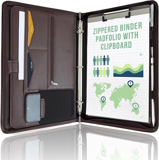 STYLIO Zipper Portfolio | Padfolio 3 Ring Binder and Clipboard Folio (Removable) | Portfolio Organizer for Documents, Tablet, Phone |Faux Leather Binder for Men and Women | Walnut (Brown) Color