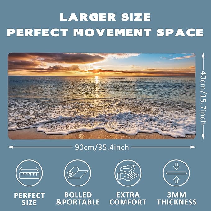 Large Mouse Pad Ocean Beach at Sunrise Extended Gaming Mouse Pad Desk Mat Stitched Edges Mousepad Non-Slip Rubber Base Keyboard Pad for Laptop Computer PC 35.4 x 15.7 inches