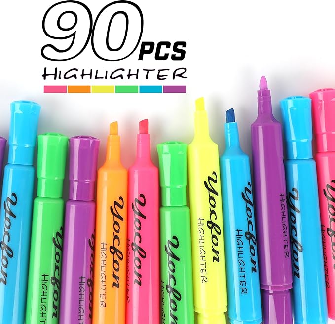 Highlighters 90 Pack, Chisel Tip, Tank Style Highlighters Assorted Fluorescent Colors, 6 Bright Colors Highlighter Markers for Coloring, Highlighting as School Supplies