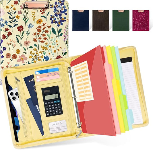 Ospelelf Leather Clipboard Binder with Storage - 3 Ring Zippered Padfolio Portfolio Folder - Calculator, 12.1” Tablet Sleeve, 5 Dividers with Pocket, Refillable Notepad, Card Slot (Floral)