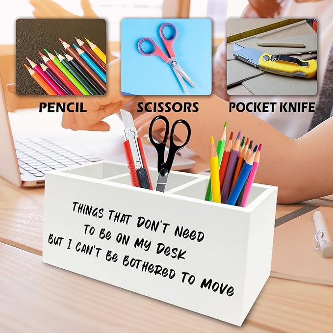 Funny Office Pen Pencil Holder Organizer for Desk, Humorous Gifts for Women Men, Funny But I Can't Be Bothered to Move Wooden Box Signs Decorations for Home Office Desk Tabletop