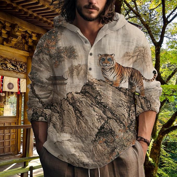 MARSVOVO Hooded Long Sleeve Shirt Men Fashion Graphic Button Up Lightweight Big and Tall Casual Vacation Shirts for Men