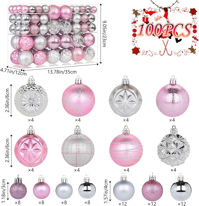 100ct Pink and Silver Christmas Ornaments Set, Shatterproof Christmas Decorations for Tree Plastic Xmas Ball Ornaments with Assortment of Designs and Size for Holiday Party Decor (Pink & Silver)