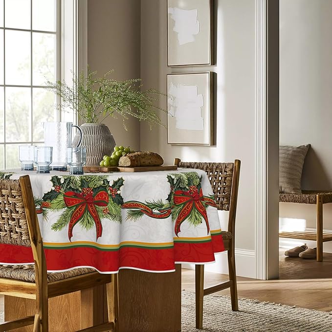 Horaldaily Christmas Tablecloth 60×60 Inch Round, Poinsettia Golden Ribbon Washable Table Cover for Party Picnic Dinner Decor