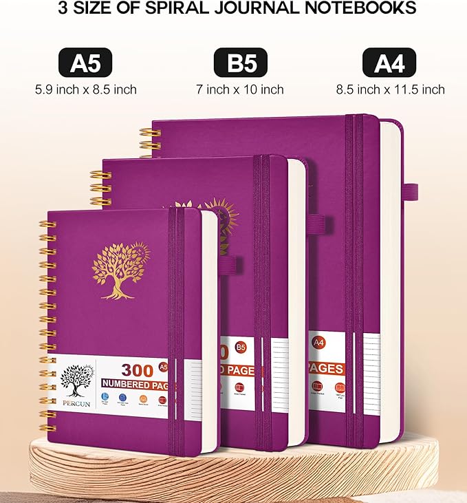 Large Spiral Notebook Journal for Women Men - 300 Numbered Lined Pages, College Ruled,B5 Hardcover Spiral Bound Notebook for School, Work, Note Taking, Writing, Leather Spiral Journal 7"x10"