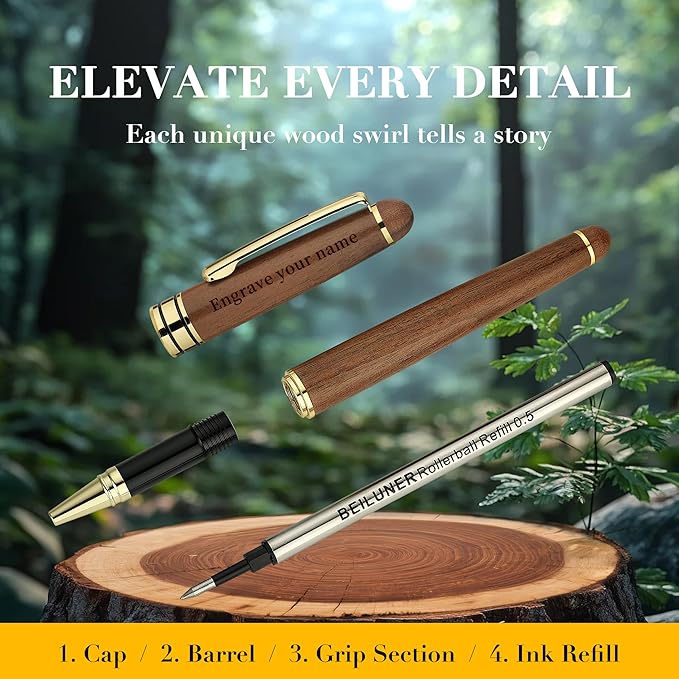 BEILUNER Luxury Personalized Wood Ballpoint Pen Writing Set,Walnut-Elegant Fancy Nice Gift Pen Set for Signature Executive Business Office Supplies - Christmas Gift Boxed with Extra Refills (Black)