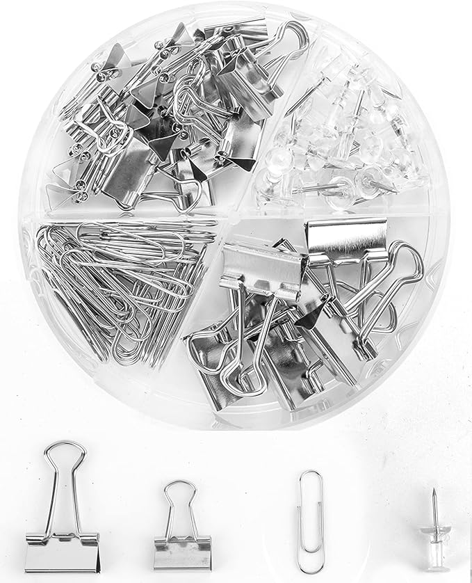 Silver Binder Clips and Paper Clips Push Pins Tacks Sets, Total 72 PCS Assorted Sizes Office Supplies Set for Women, Student, School, Home & Desk Supplies