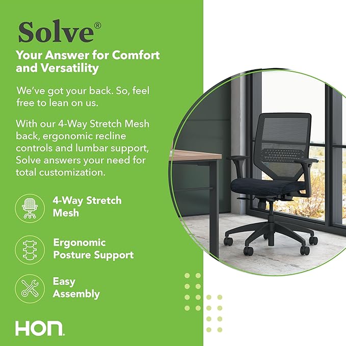 HON Solve Task Chair, Ergonomic Office Chair Mesh Back Support, Adjustable Lumbar, with Wheels, Height-Adjustable Arms, for Computers, Desks, Home Office, Black