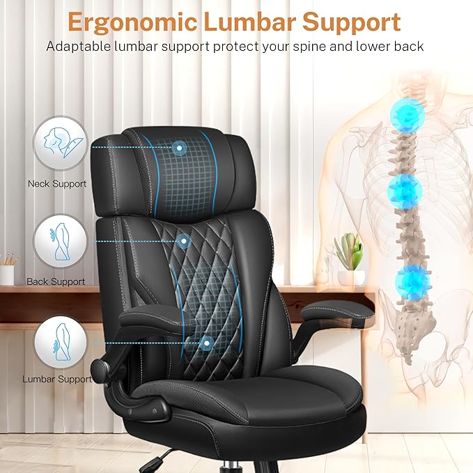 Office Chair Flip Up Arms, Executive Leather Office Chair Ergonomic Desk Chair with Lumbar Support, Adjustable Headrest, Computer Chair Home Office Desk Chair with Rocking Function
