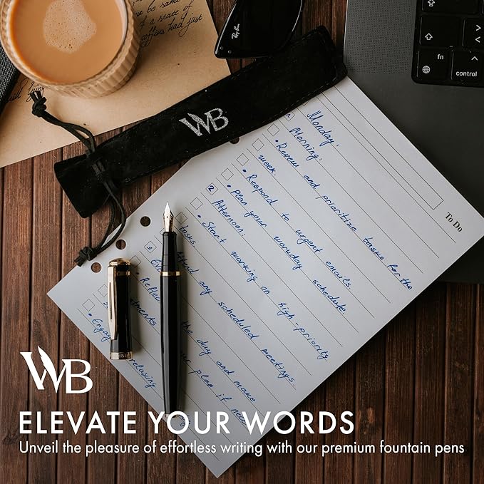 Wordsworth & Black Fountain Pen Set, 18K Gilded Medium Nib, Includes 24 Pack Ink Cartridges, Ink Refill Converter & Gift Pouch, Gold Finish, Calligraphy, [Black Gold], Perfect for Men & Women