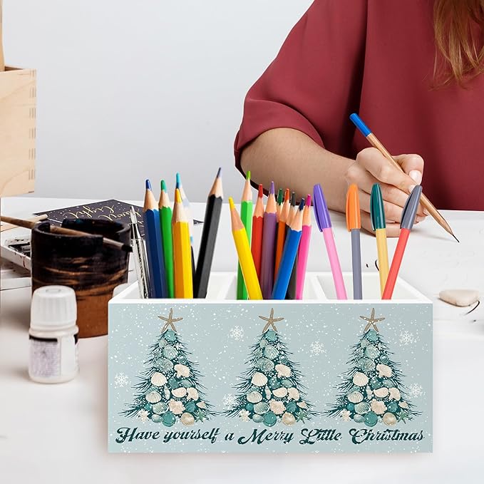 Coastal Beach Christmas Pen Pencil Holder Organizer for Desk, Christmas Seashell Starfish Tree Holiday Wooden Box Signs Decorations for Home Office Desk Tabletop, Beach House Decor