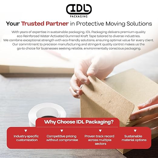 IDL Packaging 3" x 375 feet Reinforced Water-Activated Kraft Gummed Tape 70lb Thickness (Pack of 10) - Secure Paper Packing Tape for Secure Carton Sealing - Heavy-Duty for All Conditions, Brown