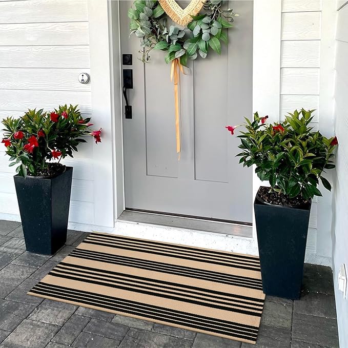 OJIA Christmas Front Door Mat Outdoor 24''x35'' Washable Front Door Rug Entry Rug Indoor Outdoor Rugs Holiday Doormat Cotton Woven Striped Small Area Rugs for Porch/Bathroom/Farmhouse/Home Entrance