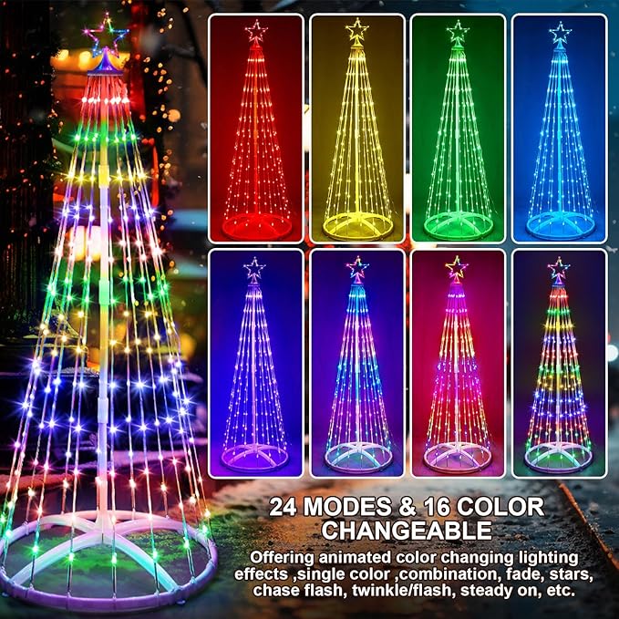 2 Pack 9FT Christmas LED Cone Tree Lights 24 Modes Color Changing with Timer Foldable Lighted Trees Waterproof Outdoor String Lights Holiday Decor for Christmas New Year Xmas Decorations