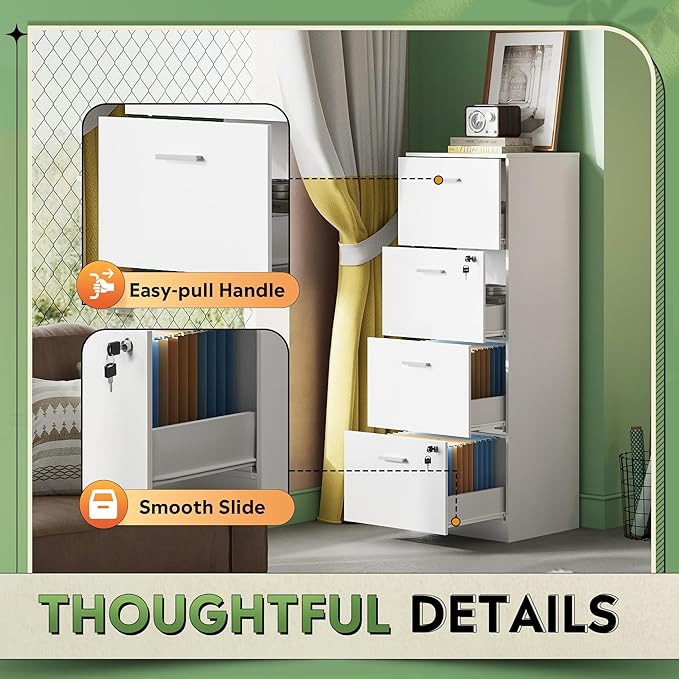 DEVAISE 4 Drawer File Cabinet with Lock, Vertical Filing Cabinet for A4/Letter Size Files, Wood Storage Organizer for Home Office, White