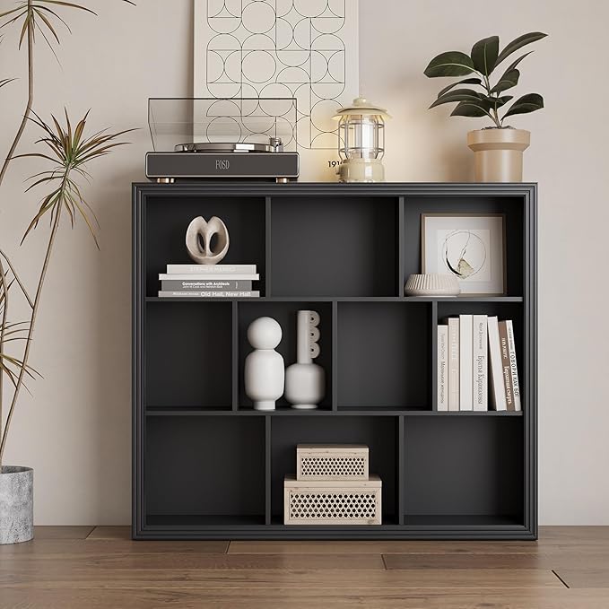 Wooden 10-Cube Storage Organizer, 3-Tier Bookshelf, Wood Black Bookshelf, Bookcase, Cubical Storage Shelf with 3 Removable Back Panels for Bedroom Home and Office