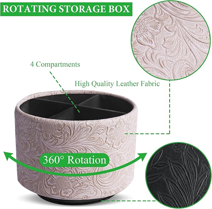 lizimandu Round Leather Art Supply Organizer,Remote Control Holder,360 Degree Spinning,Multi-Functional Pencil Holder,4 Compartments Desktop Stationary Organizer(1-Carved White)