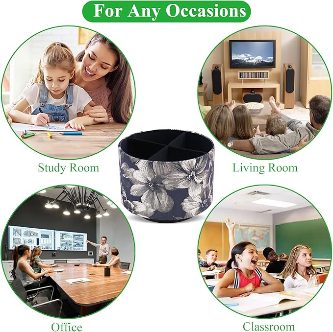 QIELIZI Round Leather Art Supply Organizer,Remote Control Holder,360 Degree Rotating,Multi-Functional Pencil Holder,4 Compartments Desktop Stationary Organizer(1-Dahlia Yellow)