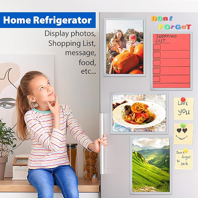 2Packs Magnetic Sign Holder 8.5 x 11 Self Adhesive Display Frames with Strong Magnetic Frame and Clear PVC for Office Store Home Door Window Refrige Magnetic Paper Holder, Silver