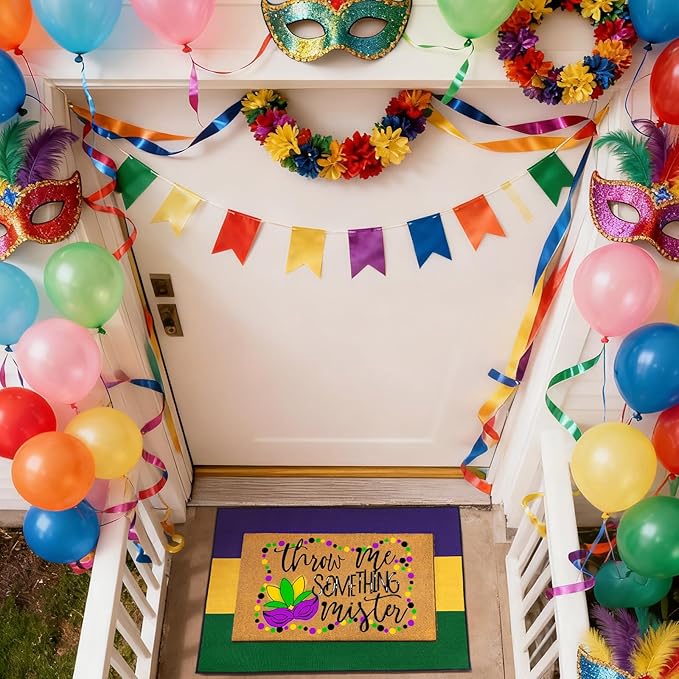 2 Pcs Mardi Gras Coir Doormat Outdoor Mardi Gras Welcome Outdoor Rug Layered Purple Yellow Green Stripe Rug for Carnival Front Porch Entryway Decor
