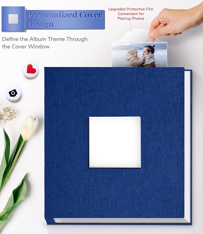 Photo Album Self Adhesive Scrapbook Album for 3x5 4x6 5x7 8x10 Pictures, 60 Pages Linen Cover with Display Window DIY Photo Book,Ideal Gifts for Family Travel Wedding Baby