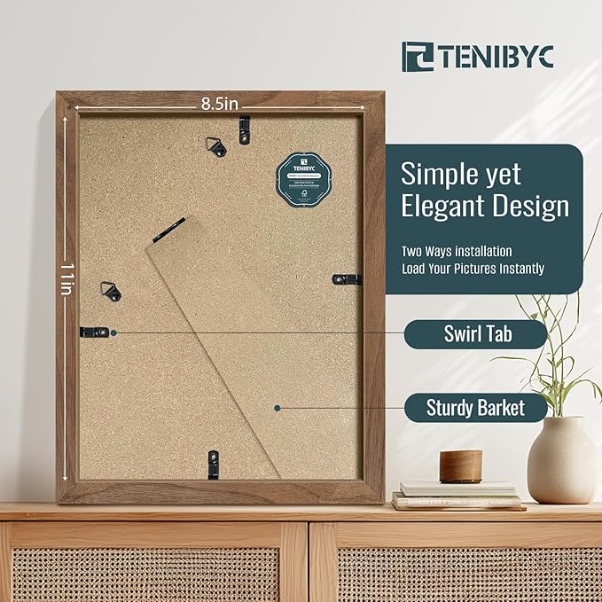 8.5 by 11 Picture Frame Brown - 4 Pack, Walnut Wood Grain, HD Tempered Glass, Suitable for Certificate Document, Wall or Tabletop Photo Frame