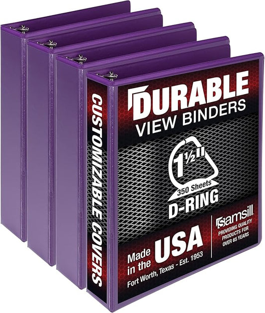 Samsill Durable 1.5 inch 3 Ring Binder, Made in USA, D Ring Binder, FSC 100% Recycled Chipboard, Purple, 4 Pack