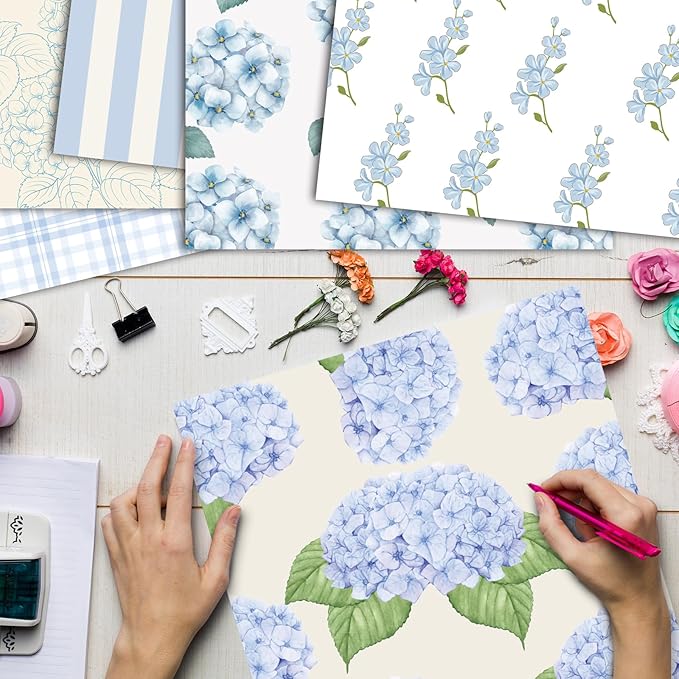 48 Sheets Scrapbook Paper 11x11, Hydrangea Pattern Decorative Scrapbook Paper for Journals DIY Cards and Photo Albums, Aesthetic Craft Supplies for Kids and Adults