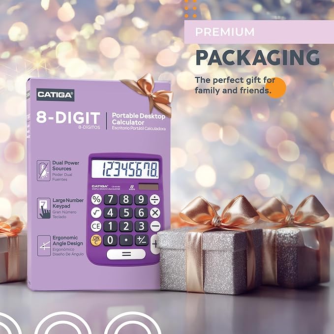 CATIGA Desktop Calculator 8 Digit with Solar Power and Easy to Read LCD Display, Big Buttons, for Home, Office, School, Class and Business, 4 Function Small Basic Calculators for Desk, CD-8185